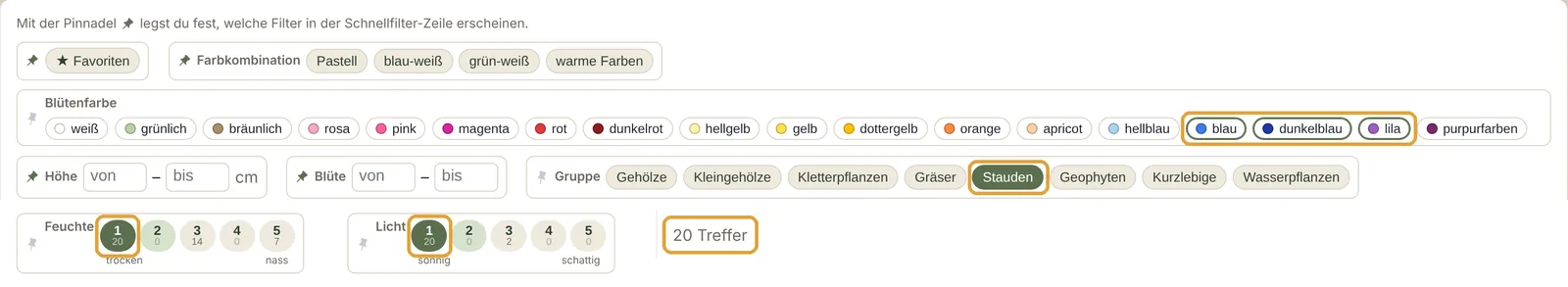 Filterleiste mit sechs gesetzten Filtern und der Trefferzahl