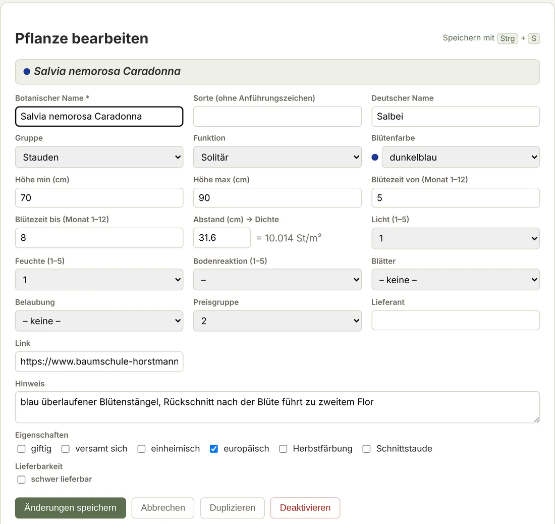 Formular zum Bearbeiten einer Pflanze mit allen Eigenschaften